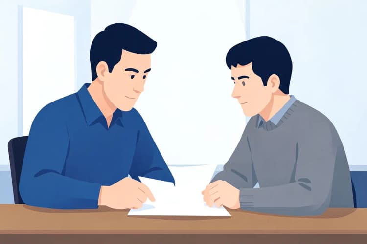 Advogado explicando um contrato para um cliente em uma mesa.
