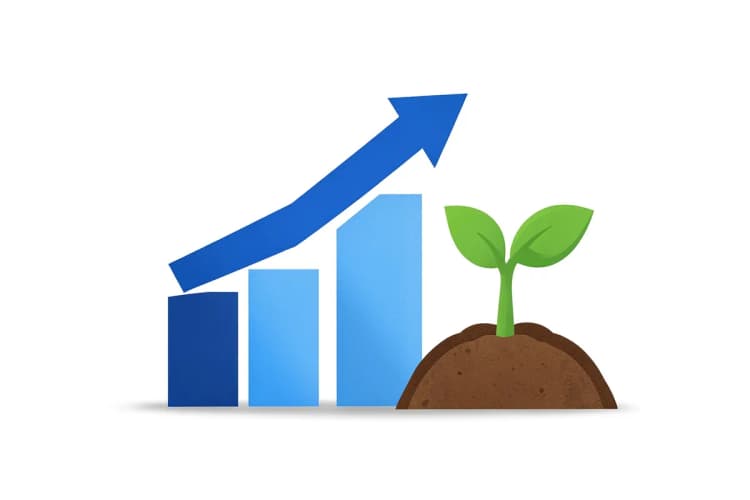 Gráfico de crescimento subindo com uma planta crescendo ao lado.