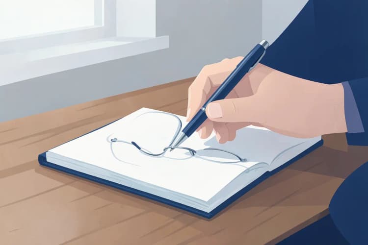 Pessoa planejando em um caderno com caneta e óculos.