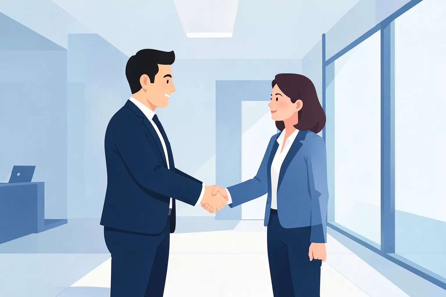 Advogado sorrindo e apertando a mão de um cliente em um escritório moderno.