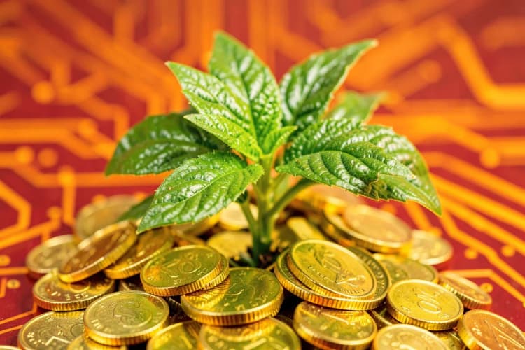 Uma planta crescendo de um monte de moedas de ouro, com um fundo desfocado de linhas de circuito digitais