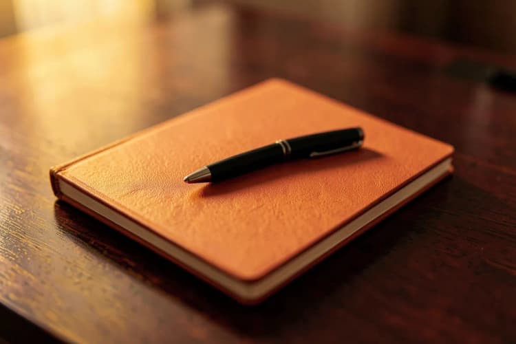 Um caderno fechado com uma caneta de metal preta apoiada sobre ele, em uma mesa de madeira escura com reflexos sutis