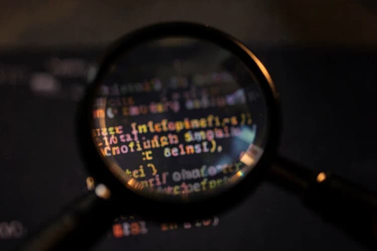 Um close-up de uma lupa examinando um pequeno pedaço de código de computador desfocado em uma tela escura