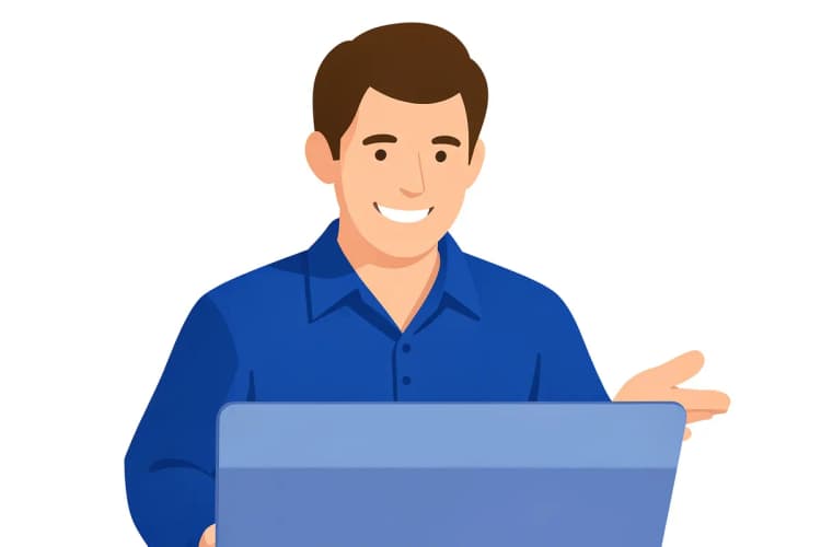 Advogado sorrindo e gesticulando em frente a um notebook.