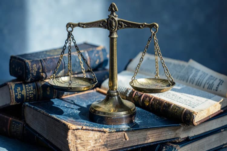 Balança da justiça em cima de livros de direito.