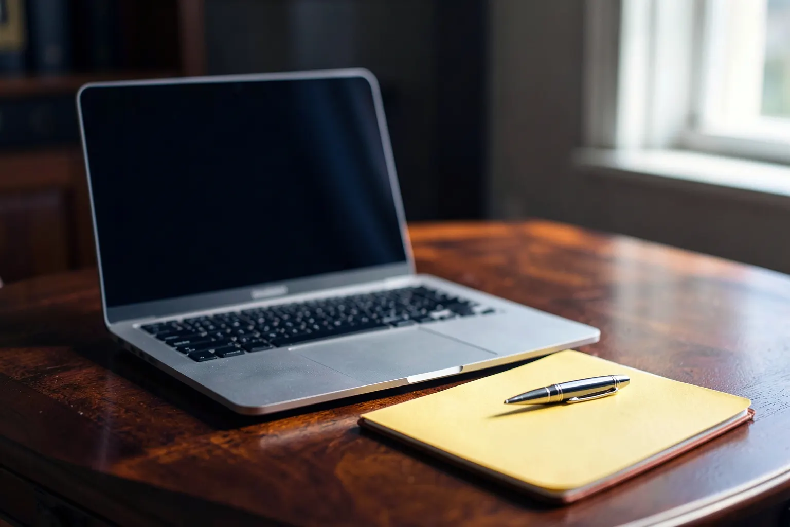 Advogado trabalhando em escritório moderno com computador e livros.