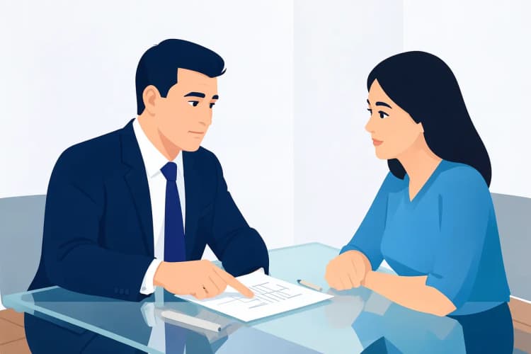 Advogado explicando um contrato para um cliente em uma sala de reunião.
