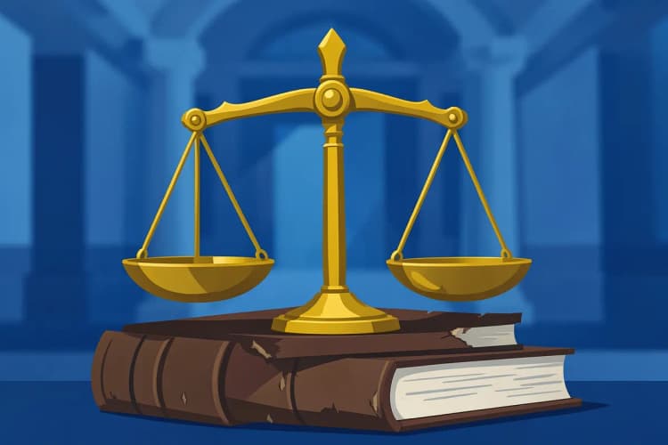 Balança da justiça em cima de livros de direito com um fundo desfocado de um tribunal.