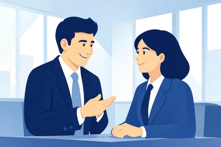 Advogado sorrindo e gesticulando enquanto fala com um colega em um escritório.