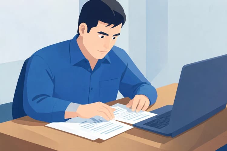 Advogado analisando documentos em uma mesa com notebook