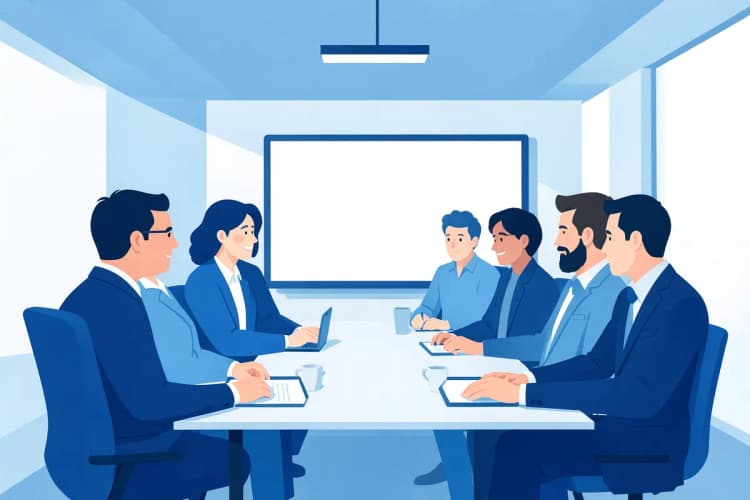 Reunião de equipe em sala de conferência com gráficos na parede