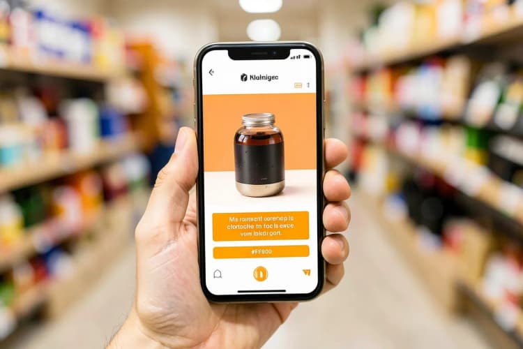 Uma mão segurando um smartphone exibindo um anúncio online, com um fundo desfocado de uma loja.