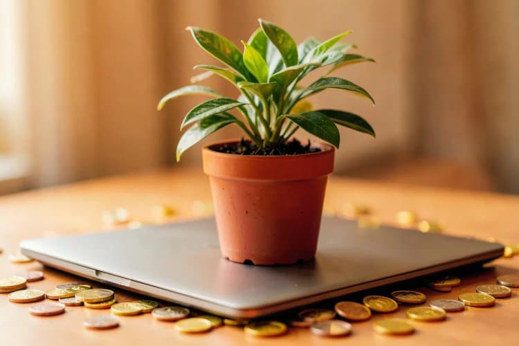 Uma planta crescendo em um vaso sobre um notebook, com moedas caindo ao redor.
