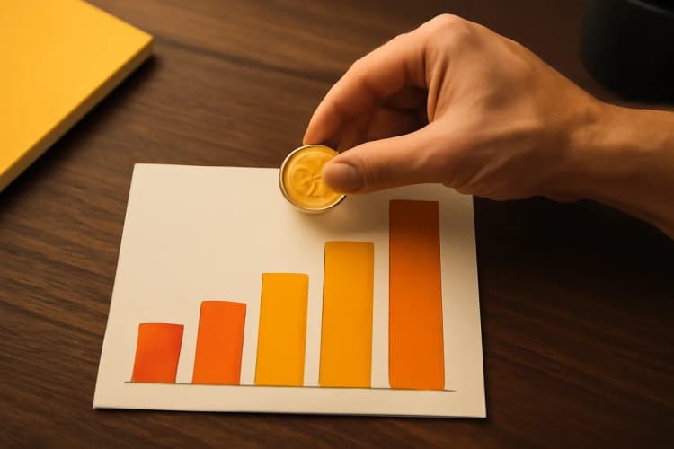 O que é Tráfego Pago no Google? Imagem de um gráfico de barras subindo com um ícone de dinheiro.