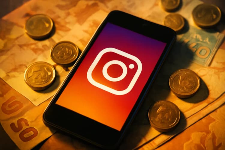 Quanto custa o tráfego pago no Instagram: moedas e notas perto de um celular.