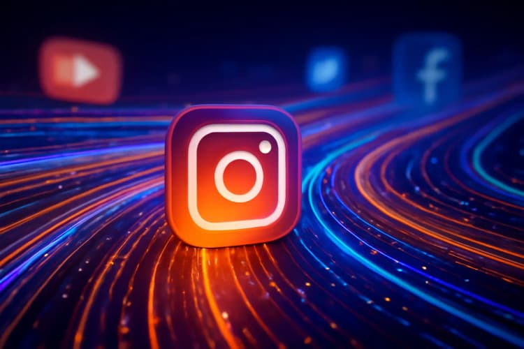 Como funciona o tráfego pago no Instagram: fluxo de dados e ícones de redes sociais.