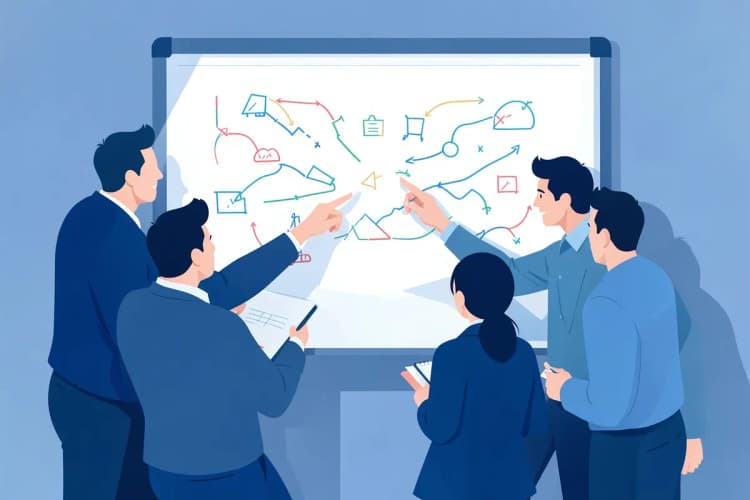 Pessoas em uma reunião discutindo estratégias em um quadro branco.