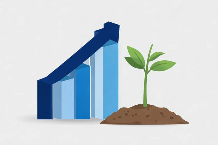 Gráfico de crescimento de barras subindo com uma planta crescendo ao lado