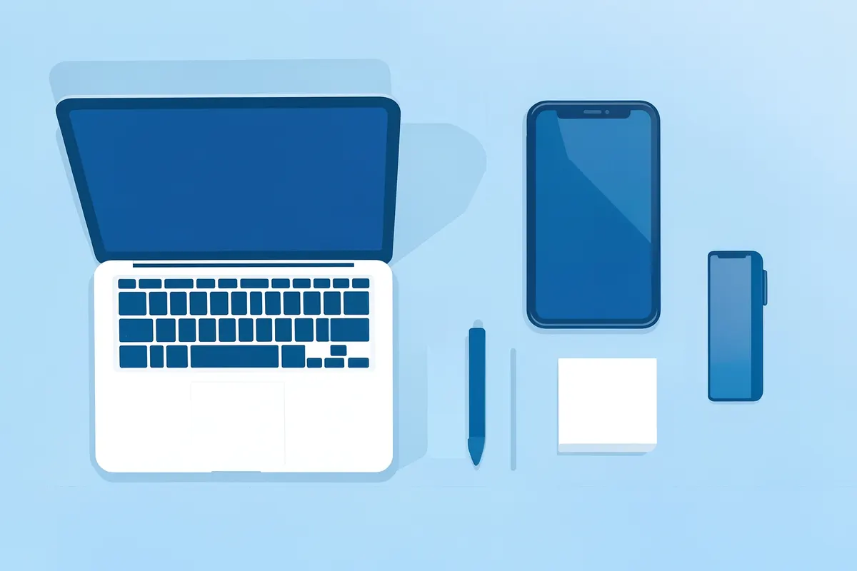 Mesa com laptop, tablet e telefone organizados