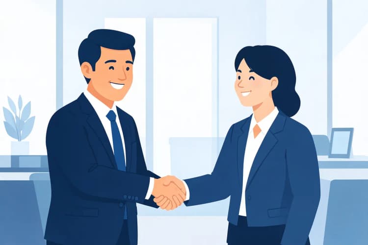 Advogado sorrindo e apertando a mão de um cliente.