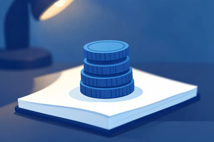 Moedas empilhadas em cima de um notebook aberto.