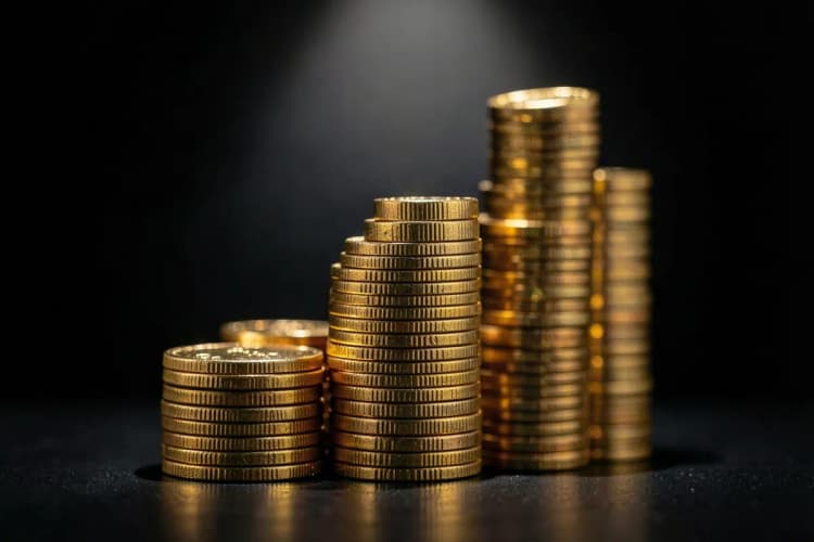 Um gráfico de barras ascendente feito de moedas de ouro empilhadas, sobre um fundo escuro.