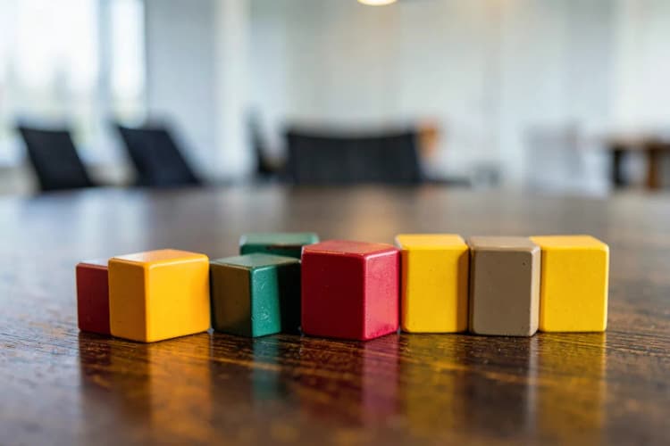 Uma pessoa organizando blocos de madeira coloridos em uma mesa, representando a construção de estratégias de marketing digital.