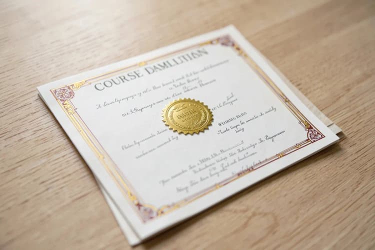 Um certificado de conclusão de curso com um selo dourado, sobre um fundo de madeira clara.