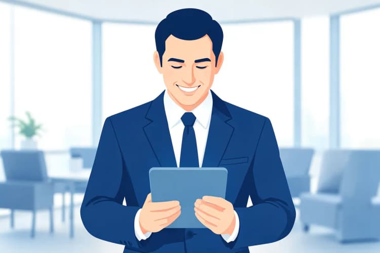 Advogado sorrindo enquanto olha para um tablet.