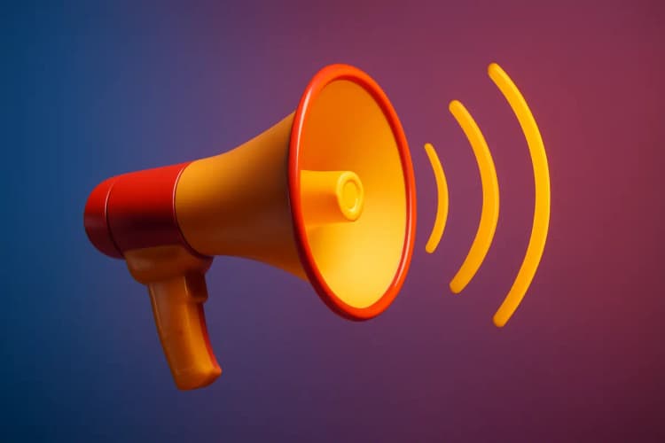 Um megafone emitindo ondas sonoras, sobre um fundo gradiente de azul para roxo.