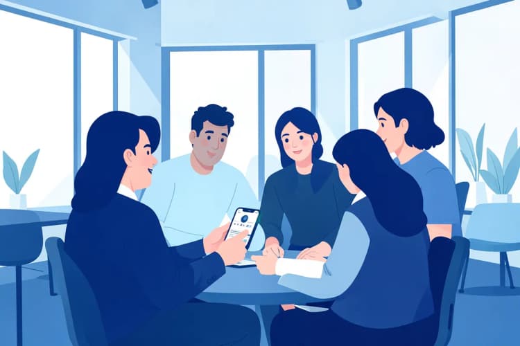 Pessoas interagindo com um celular em um evento.