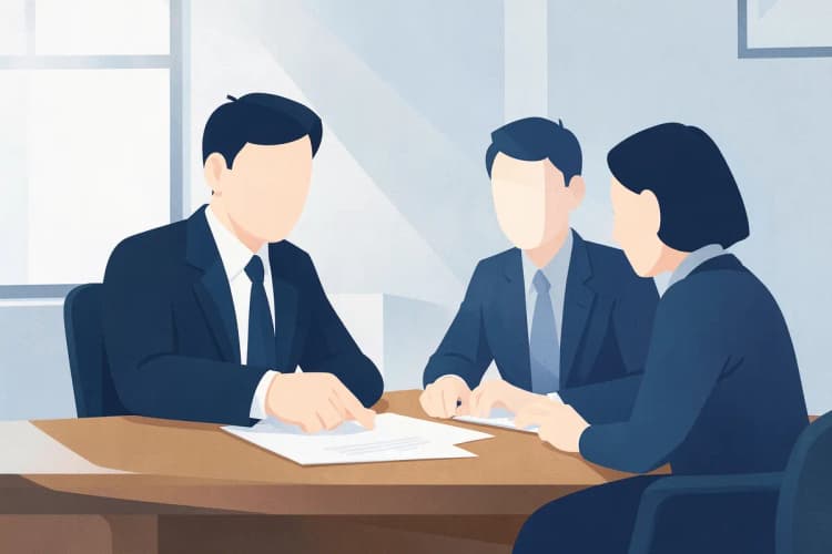Advogado explicando um contrato para um cliente em uma mesa de escritório