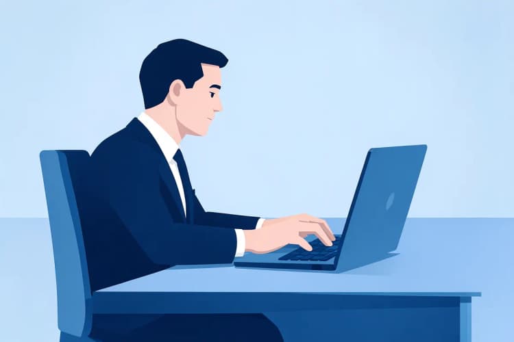 Advogado usando um laptop em um escritório moderno