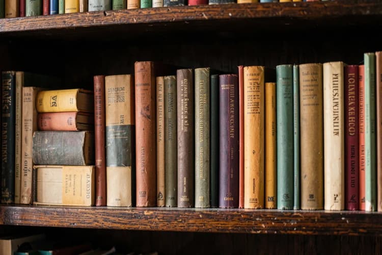 Uma estante cheia de livros e relatórios sobre marketing e publicidade digital.