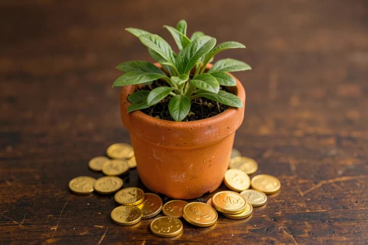 Uma planta crescendo em um vaso, com moedas de ouro ao redor da base, simbolizando crescimento e investimento.