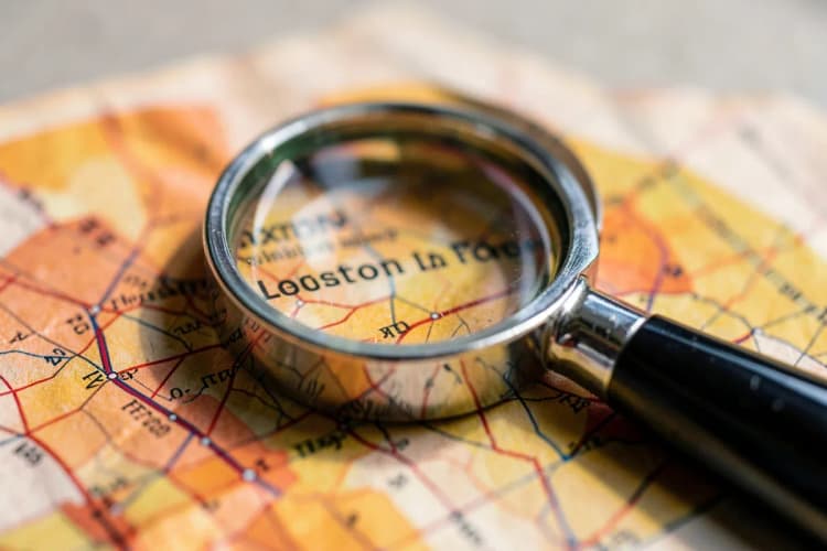 Uma lupa focando em um endereço em um mapa físico, indicando a importância da precisão na localização.