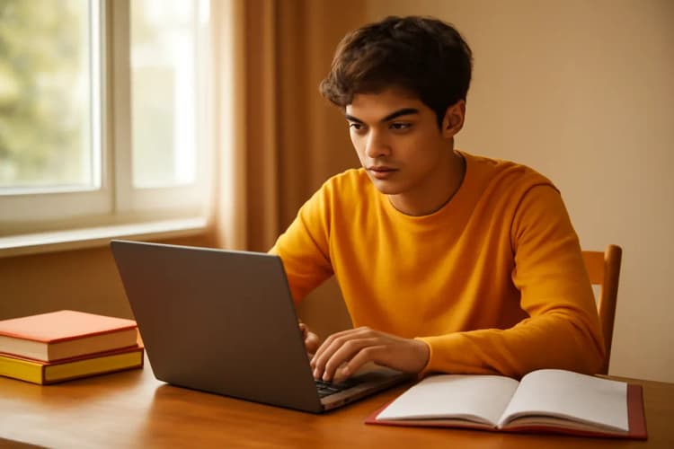 Jovem estudando marketing digital em um notebook.
