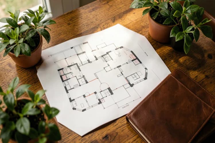Planta baixa de um imóvel sendo analisada em uma mesa com plantas e um notebook desligado.