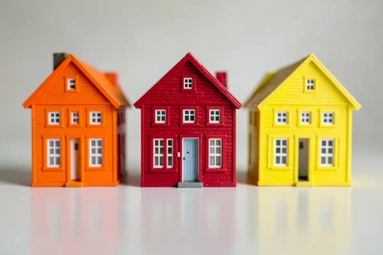 Três casas em miniatura de cores diferentes alinhadas em uma superfície lisa.