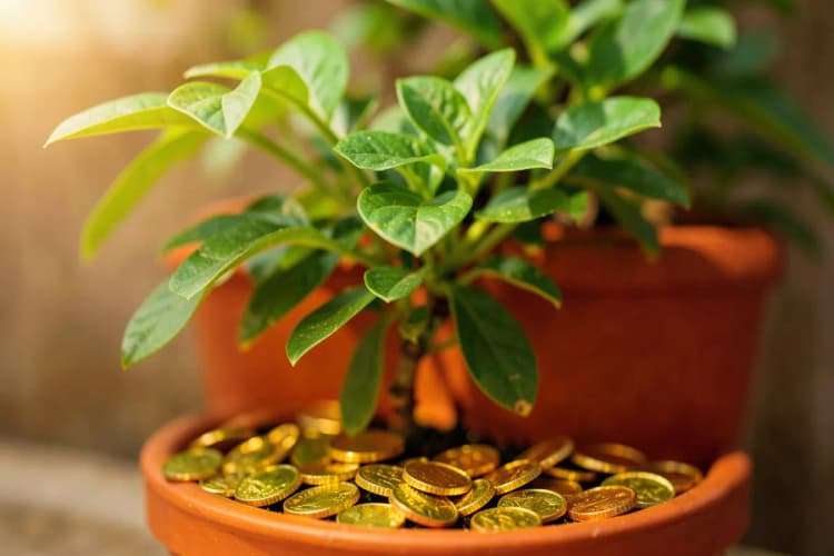 Uma planta crescendo em um vaso, com moedas de ouro ao redor da base.