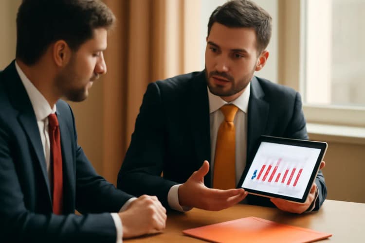 Advogado explicando conceito de tráfego online para colega em sala de reunião