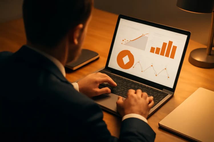 Advogado analisando métricas de tráfego pago em um laptop com gráficos de desempenho