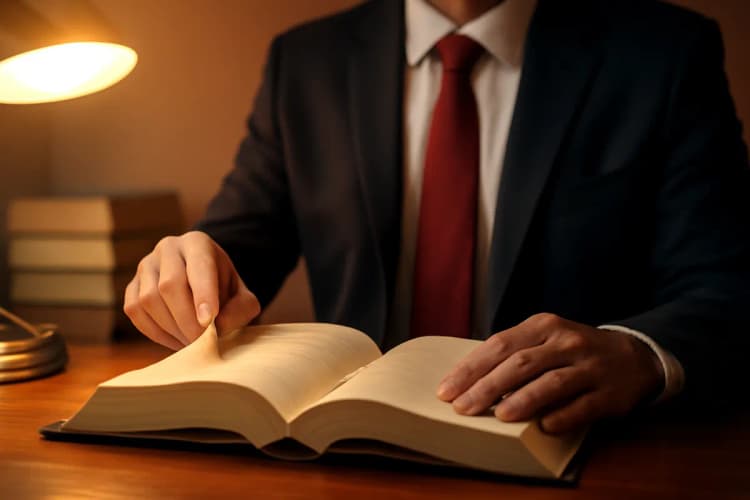 Advogado lendo código de ética da OAB em um livro físico
