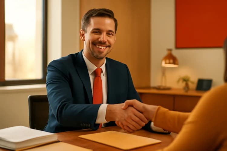 Advogado sorrindo e apertando a mão de um cliente em um escritório moderno