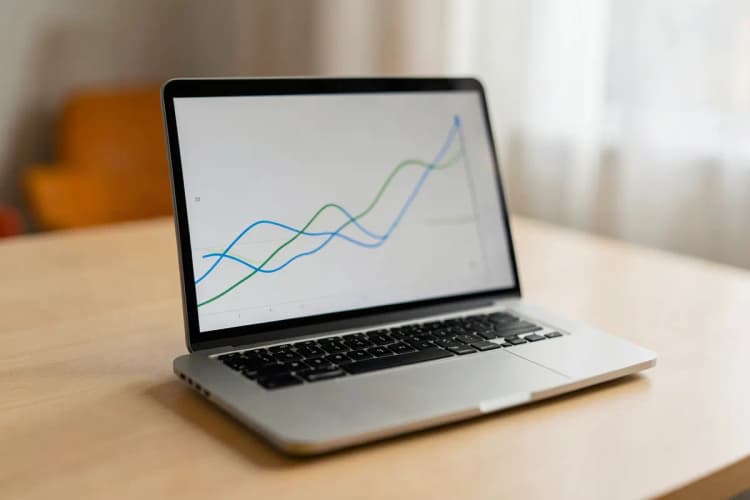 Um laptop aberto exibindo um gráfico de linhas abstrato em tons de azul e verde, com uma xícara de café ao lado em uma mesa de madeira.