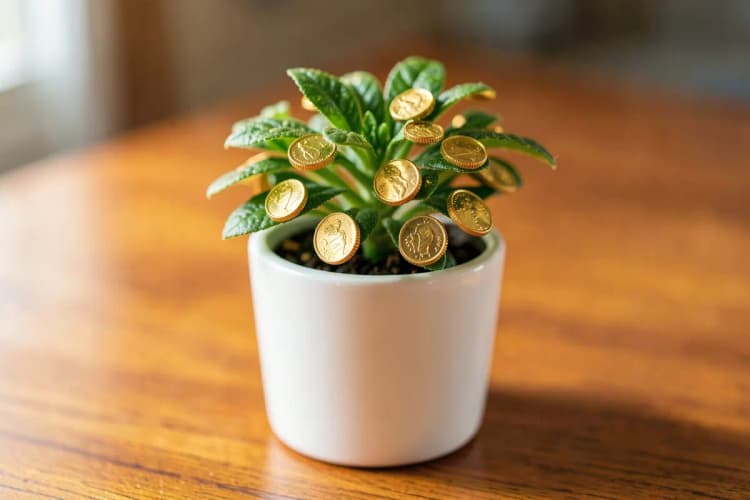 Uma planta crescendo em um vaso, com moedas de ouro brotando de suas folhas, em um ambiente de escritório moderno.