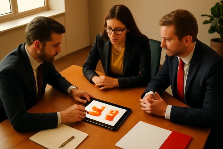 Advogado explicando conceitos de marketing digital para colegas em sala de reunião
