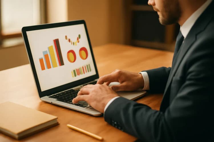 Advogado usando laptop para gerenciar redes sociais e website do escritório