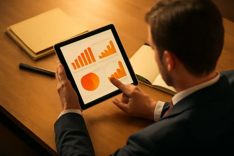 Advogado analisando gráficos de desempenho de marketing digital em um tablet