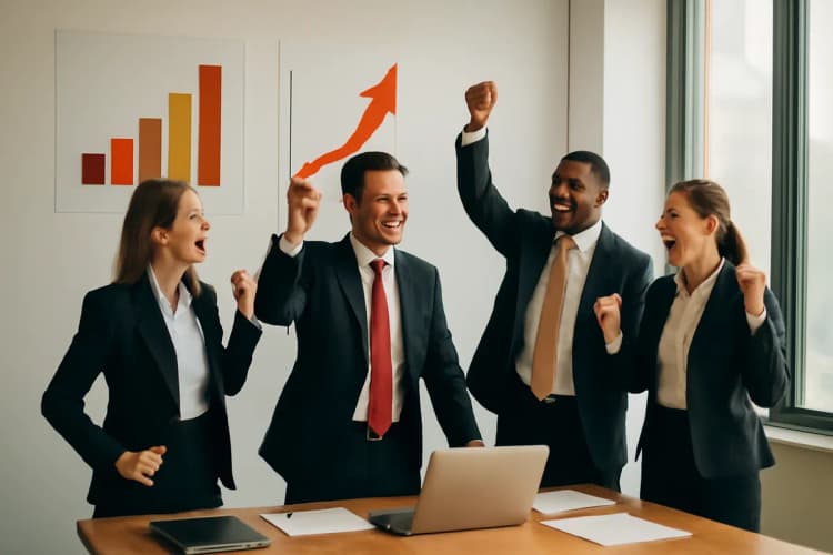 Advogado comemorando sucesso em campanha de marketing digital com equipe
